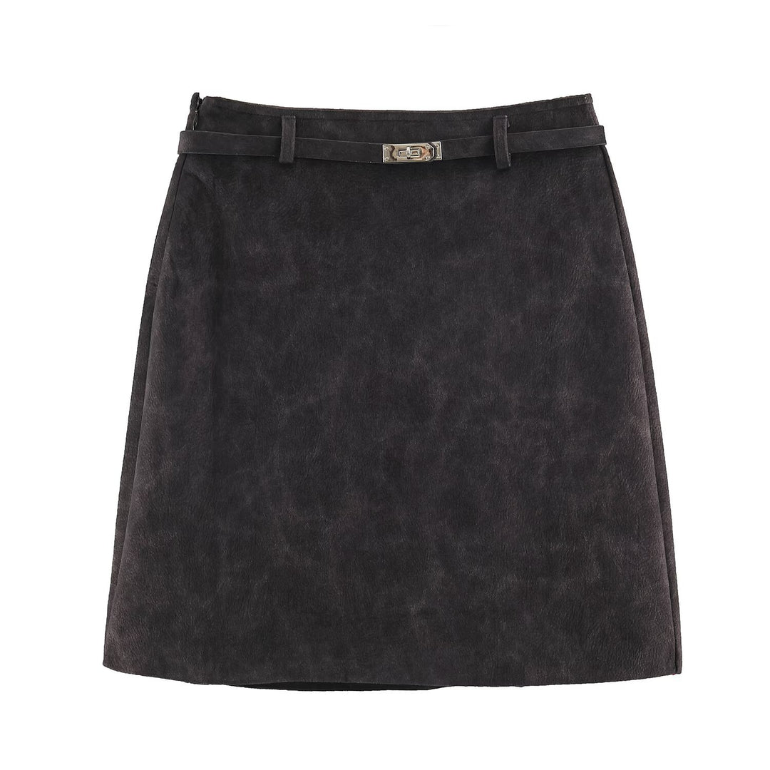 Damen A-Linien Minirock aus Velourslederoptik mit schmalem Ziergürtel Nord Taschen