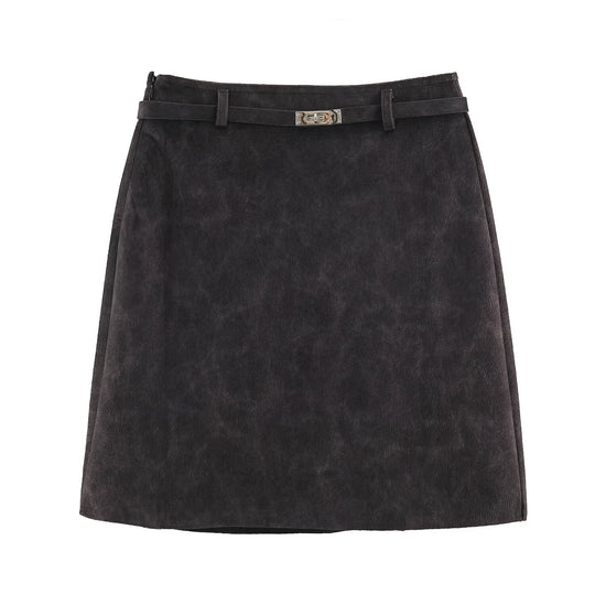 Damen A-Linien Minirock aus Velourslederoptik mit schmalem Ziergürtel Nord Taschen
