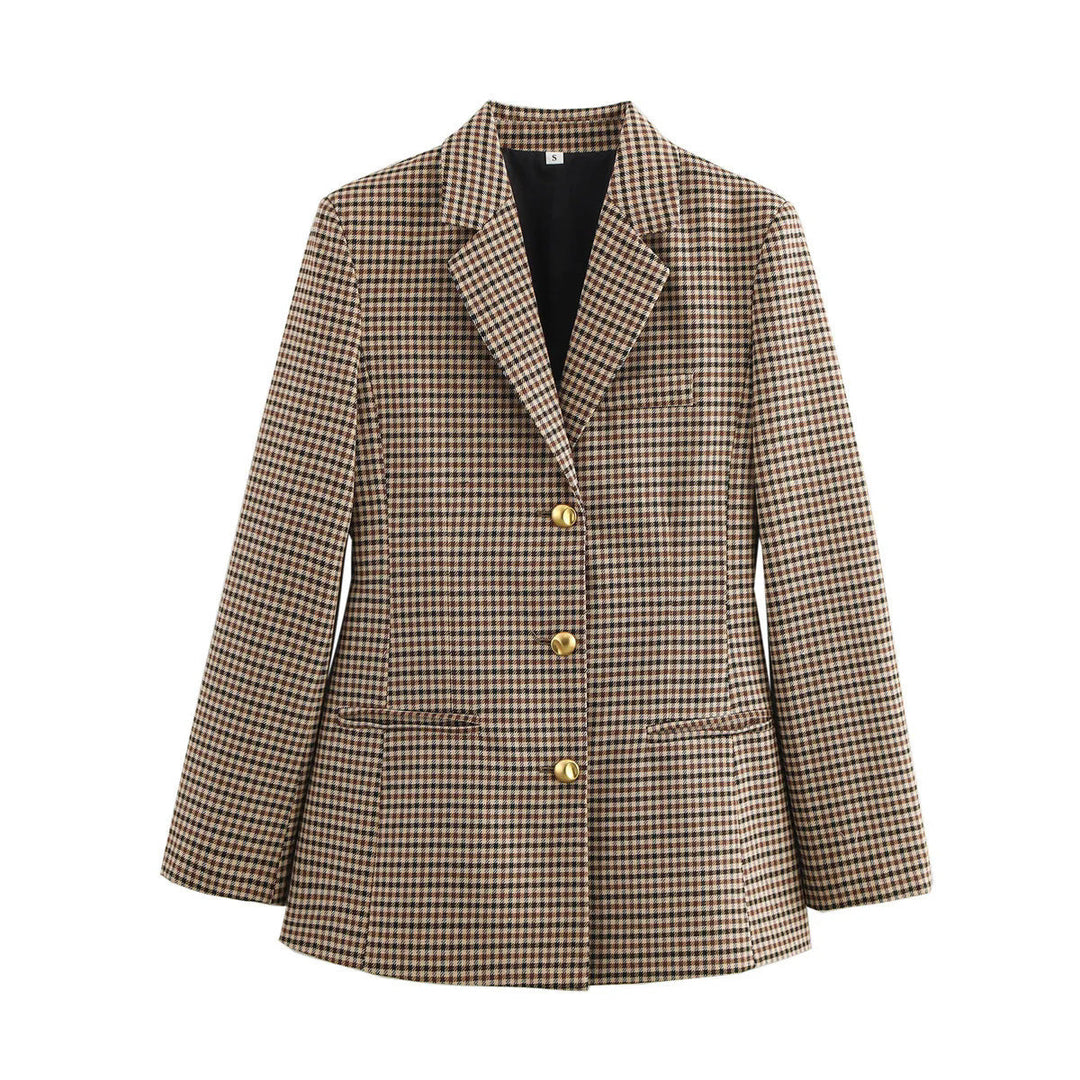 Damen karierten Blazer mit goldenen Knöpfen und praktischen Taschen Nord Taschen
