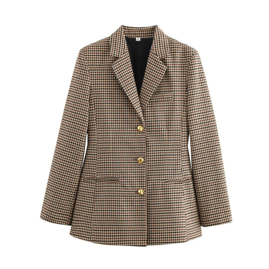 Damen karierten Blazer mit goldenen Knöpfen und praktischen Taschen Nord Taschen