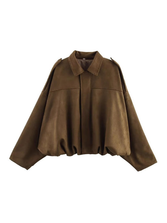 Damen Gekürzte Oversize-Blousonjacke aus Veloursoptik mit Tunnelzugsaum und Schulterpatten Nord Taschen