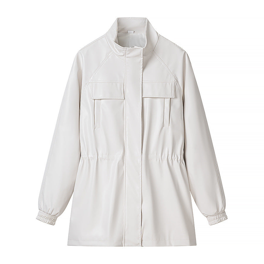 Damen Kunstleder-Parka mit Tunnelzugtaillen, Stehkragen und Pattentaschen Nord Taschen