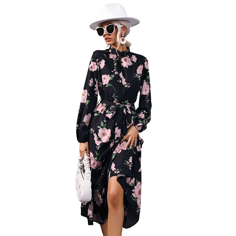 Damen Maxikleid mit floralem Allover‑Print, Stehkragen, langen Ballonärmeln und Volant Nord Taschen