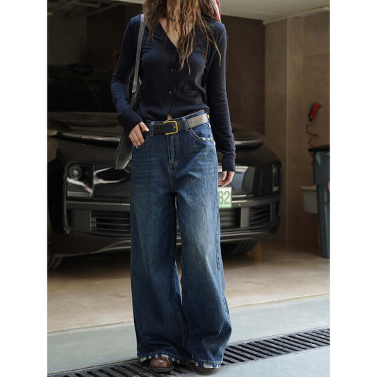 Damen Weite Vintage-Denim Jeans mit hohem Bund und ausgefranstem Saum Nord Taschen