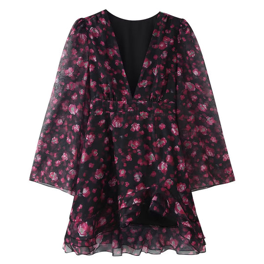 Damen Florales Chiffon-Minikleid mit tiefem V-Ausschnitt, Glockenärmeln und Stufenvolant Nord Taschen