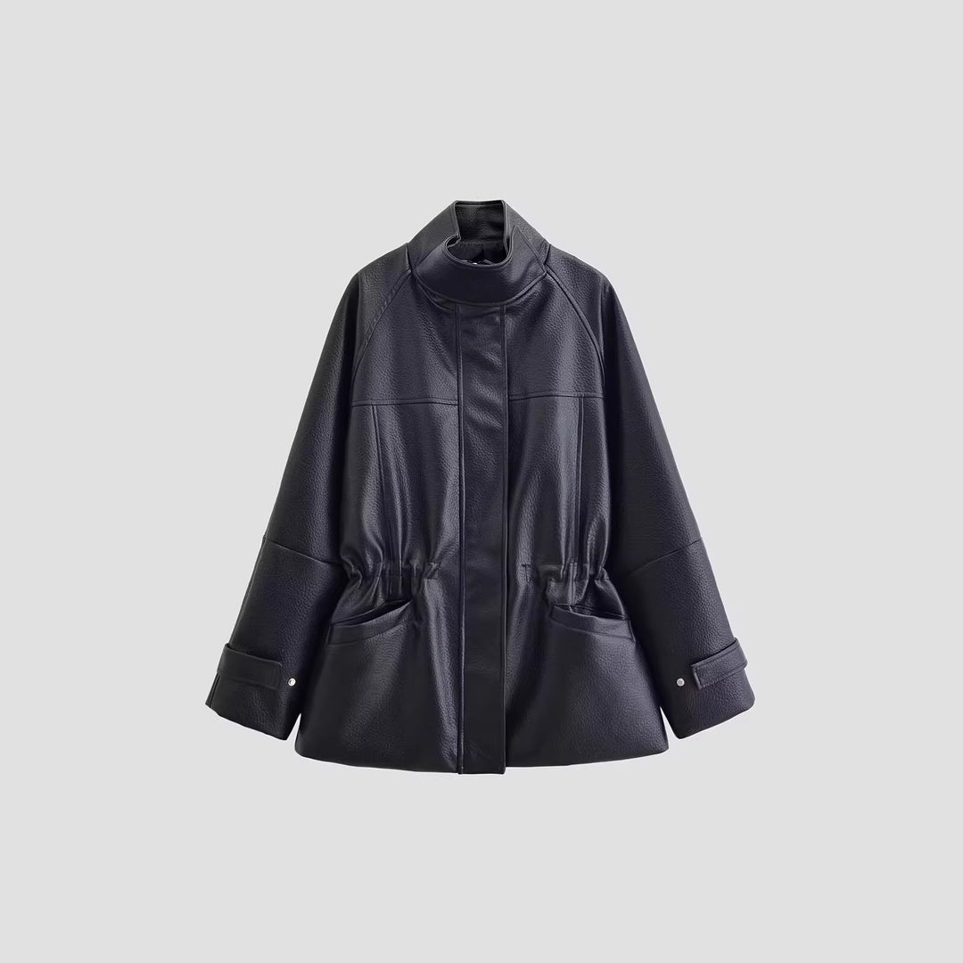 Damen Oversized Jacke in Lederoptik mit Stehkragen und Taillenkordel Nord Taschen