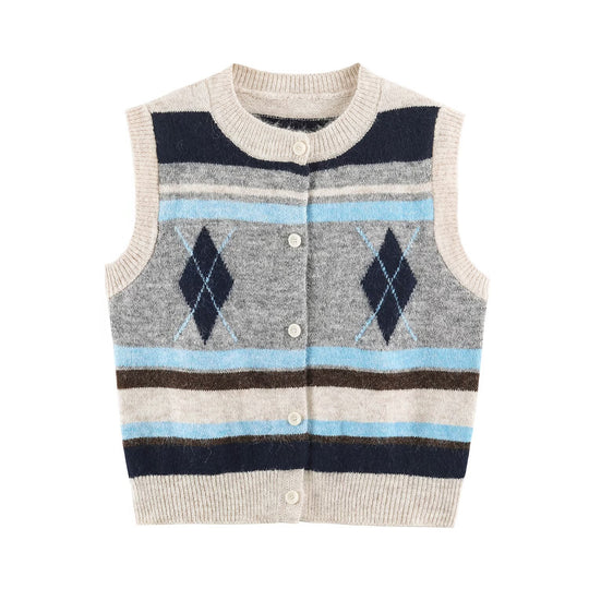 Damen Ärmellose Argyle-Strickweste mit durchgehender Knopfleiste und geripptem Saum Nord Taschen