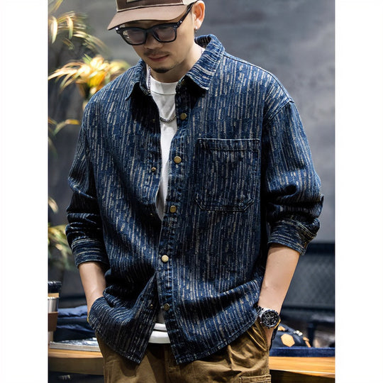 Herren Denim-Overshirt mit vertikaler Strukturprägung und Druckknopfleiste Nord Taschen
