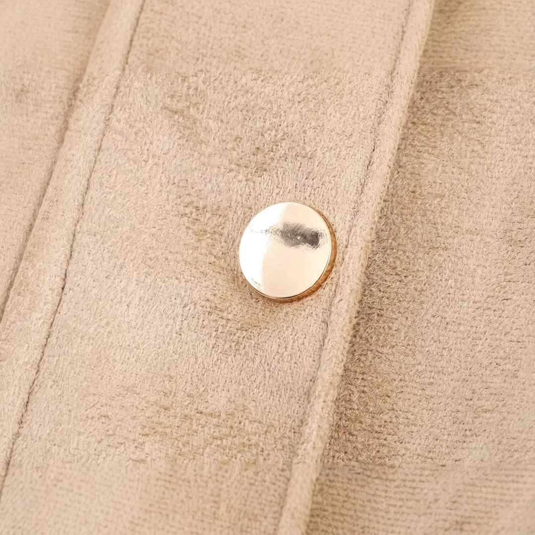 Damen Kurze Wildlederoptik-Jacke mit Stehkragen und Druckknopfleiste Nord Taschen