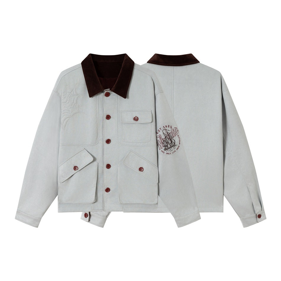 Unisex Boxy‑Blousonjacke aus Baumwollvelours mit Cordkragen, aufgeprägten Stickdetails und Pattentaschen Nord Taschen
