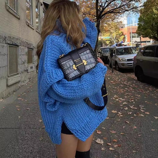 Damen Oversize Grobstrickpullover mit hohem Rollkragen Nord Taschen
