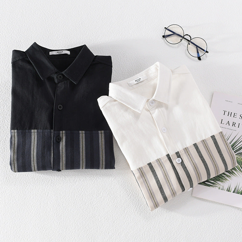Herren Leichtes Baumwoll-Overshirt mit eingewebten Streifenpanelen und Kentkragen Nord Taschen