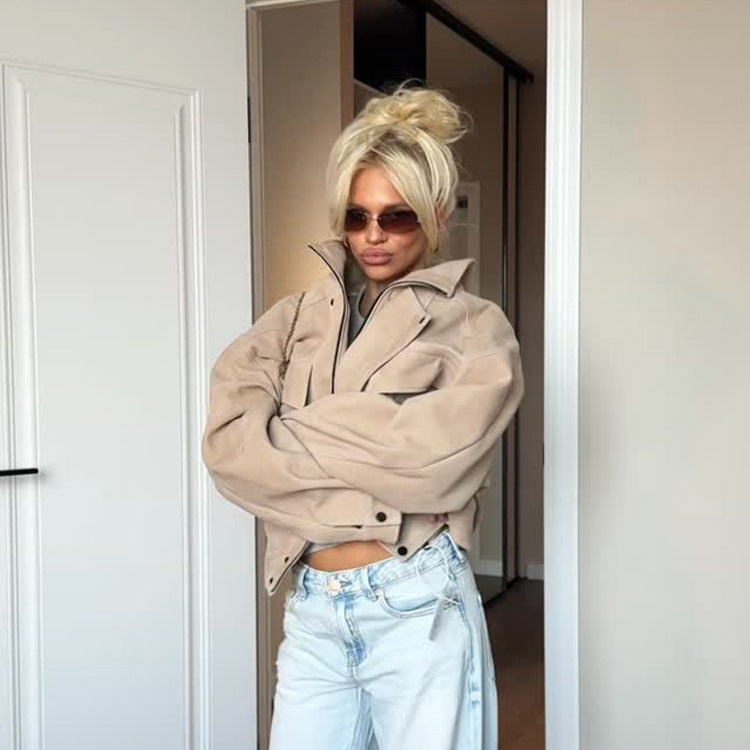 Damen Oversize Wildlederoptik Jacke mit Pattentaschen und Stehkragen Nord Taschen