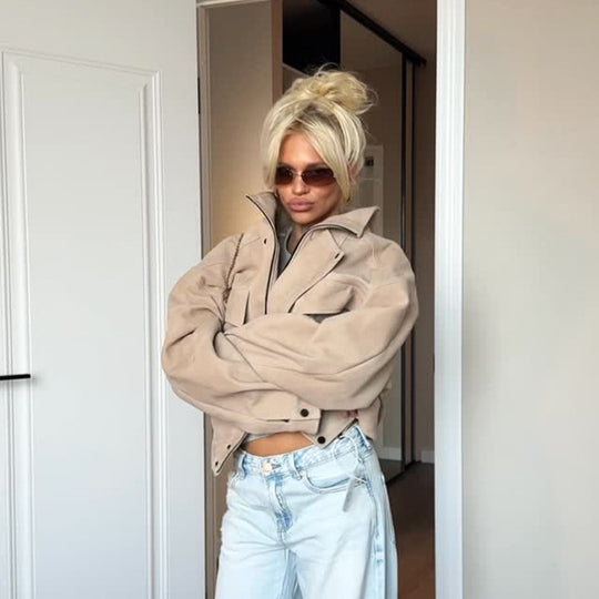 Damen Oversize Wildlederoptik Jacke mit Pattentaschen und Stehkragen Nord Taschen