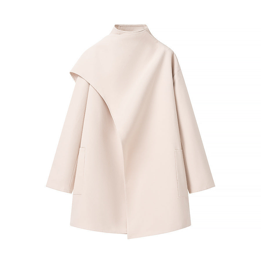 Damen Asymmetrischer Wollmix-Mantel mit Cape-Überwurf und Stehkragen Nord Taschen