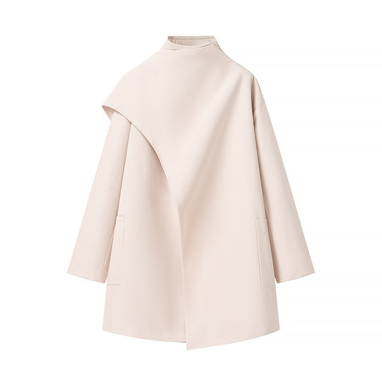 Damen Asymmetrischer Wollmix-Mantel mit Cape-Überwurf und Stehkragen Nord Taschen