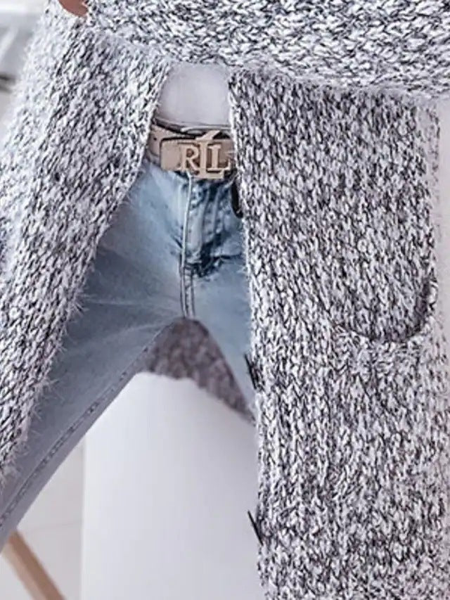 Damen Langer Mélange-Kuschelcardigan mit Kapuze, Hornknopf und Eingrifftaschen Nord Taschen
