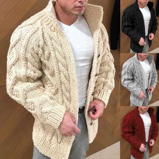 Herren Grober Zopfstrick-Cardigan mit hohem Stehkragen und Hornknöpfen Nord Taschen