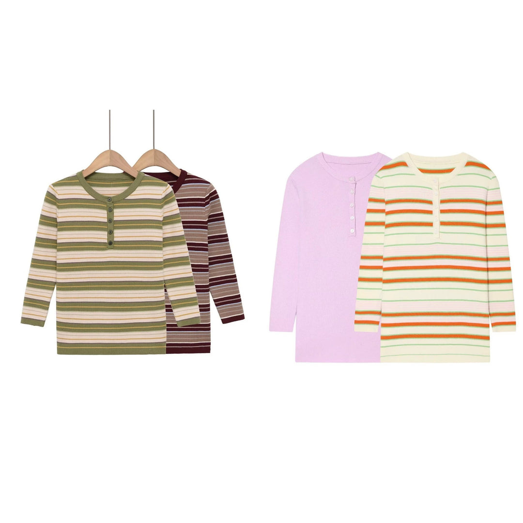 Damen Gestreiftes Rippstrick-Henleyshirt mit Knopfleiste und schmaler Passform Nord Taschen