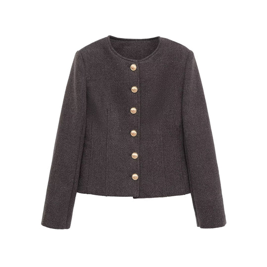 Damen Kurzblazer aus Bouclé mit Rundhals und goldenen Zierknöpfen Nord Taschen