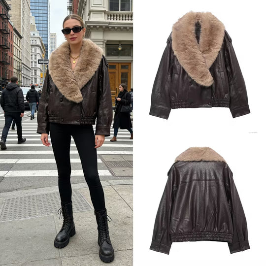 Damen Cropped Lederblouson mit voluminösem Pelzkragen und Taillen-Smock Nord Taschen