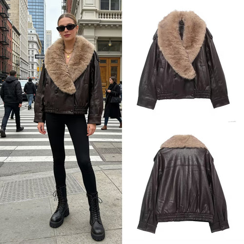 Damen Cropped Lederblouson mit voluminösem Pelzkragen und Taillen-Smock Nord Taschen