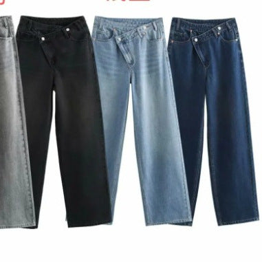 Damen 20+ weite High‑Waist Denim‑Palazzo‑Jeans mit asymmetrischem Bunddetail Nord Taschen