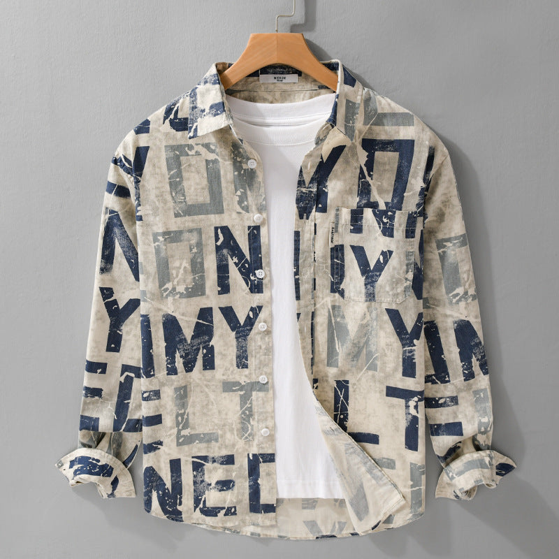 Herren Langarm-Hemdjacke mit großflächigem Typo‑Print aus Baumwollmix Nord Taschen