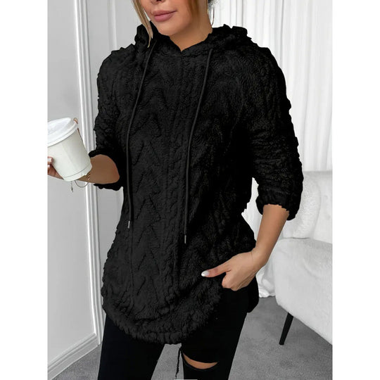Damen Kuscheliger Teddy-Hoodie mit Zopfmuster Tunnelzug und gerundetem Saum Nord Taschen