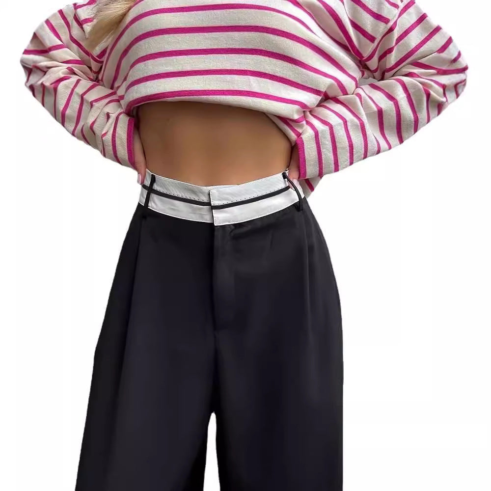 Damen Hochtaillierte weite Bundfaltenhose mit Kontrastbund Nord Taschen
