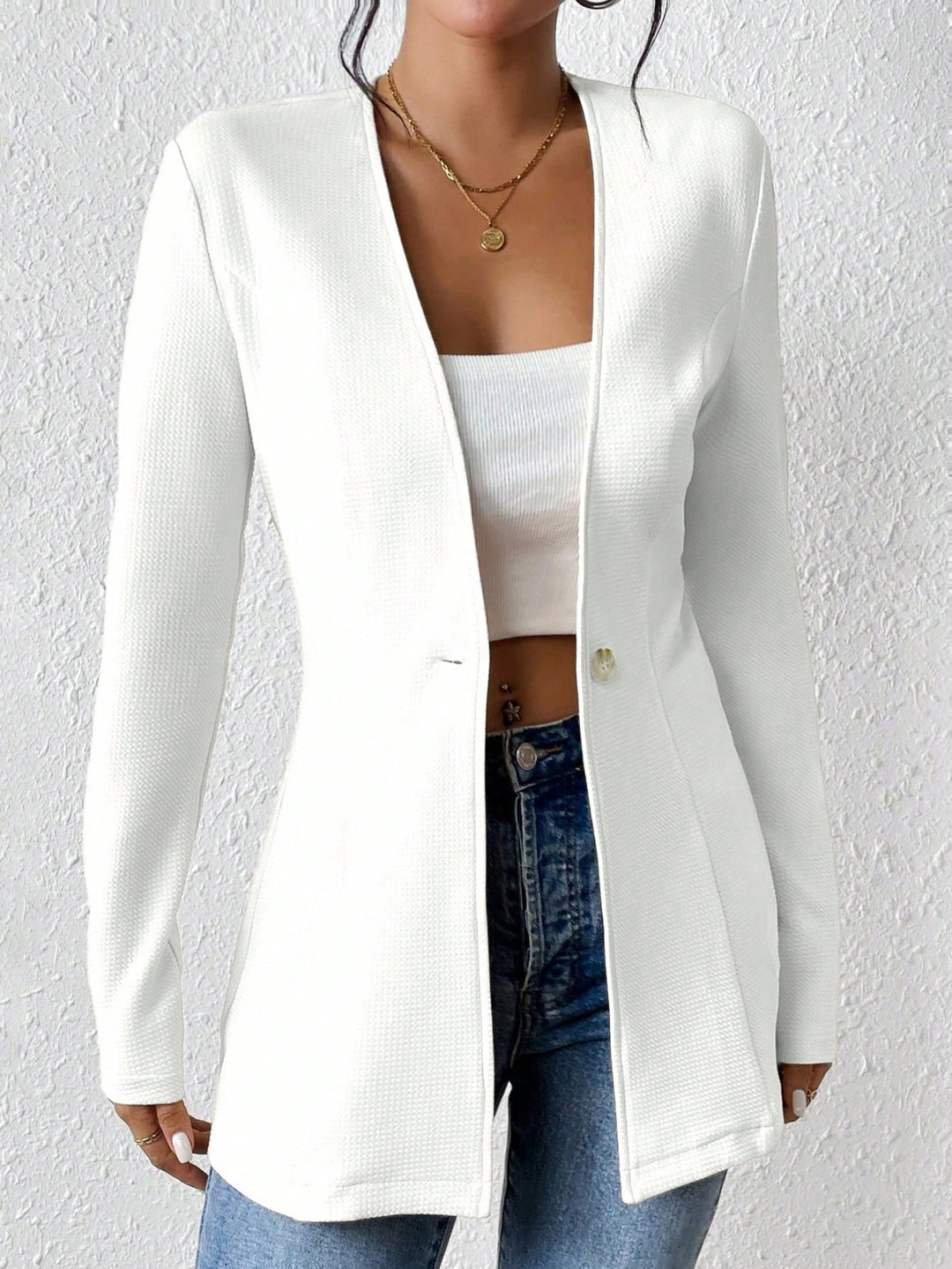 Damen Taillierter Longblazer mit V-Ausschnitt und Ein-Knopf-Verschluss Nord Taschen