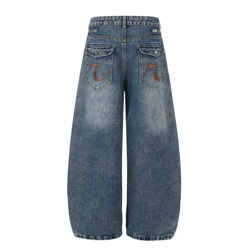 Damen Weite Denim-Palazzo-Jeans mit dekorischen Riegelnähten und Zierknopf-Details Nord Taschen