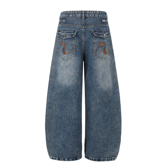 Damen Weite Denim-Palazzo-Jeans mit dekorischen Riegelnähten und Zierknopf-Details Nord Taschen