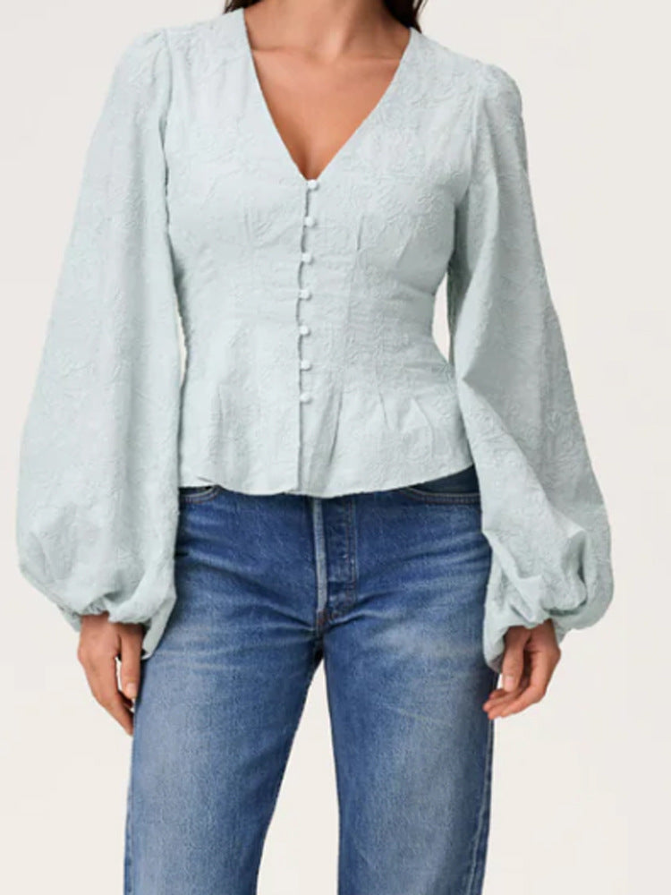 Damen Jacquard-Spitzenbluse mit tailliertem Schößchen und Ballonärmeln Nord Taschen