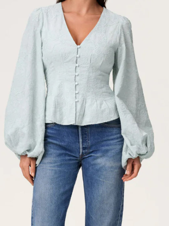 Damen Jacquard-Spitzenbluse mit tailliertem Schößchen und Ballonärmeln Nord Taschen