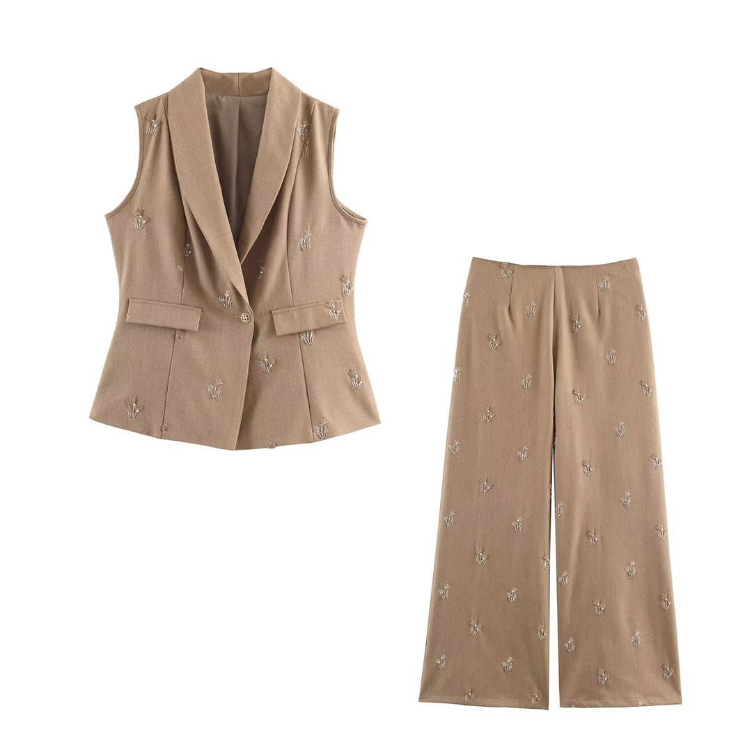 Damen Ärmelloser Weste-Blazer und Weite Stickhose Zweiteiler Nord Taschen