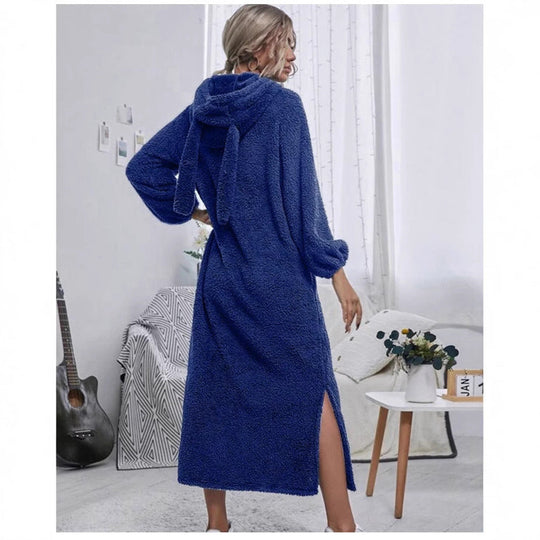 Damen Flauschiger Fleece-Hoodie-Kleid mit Ohren und seitlichen Schlitzen Nord Taschen