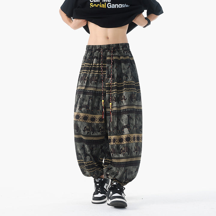 Damen lässige Pluderhose im Ethno-Print mit elastischem Bund, Kordelzug und gesmokten Bündchen Nord Taschen