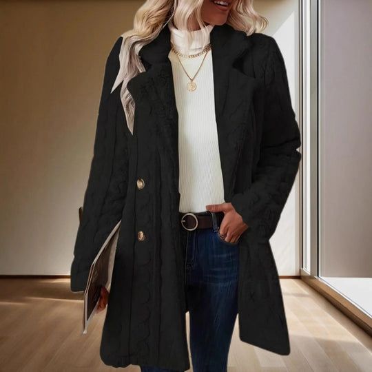 Damen Midilanger Teddy-Mantel mit Zopfmuster, Reverskragen und doppelt geknöpfter Front Nord Taschen