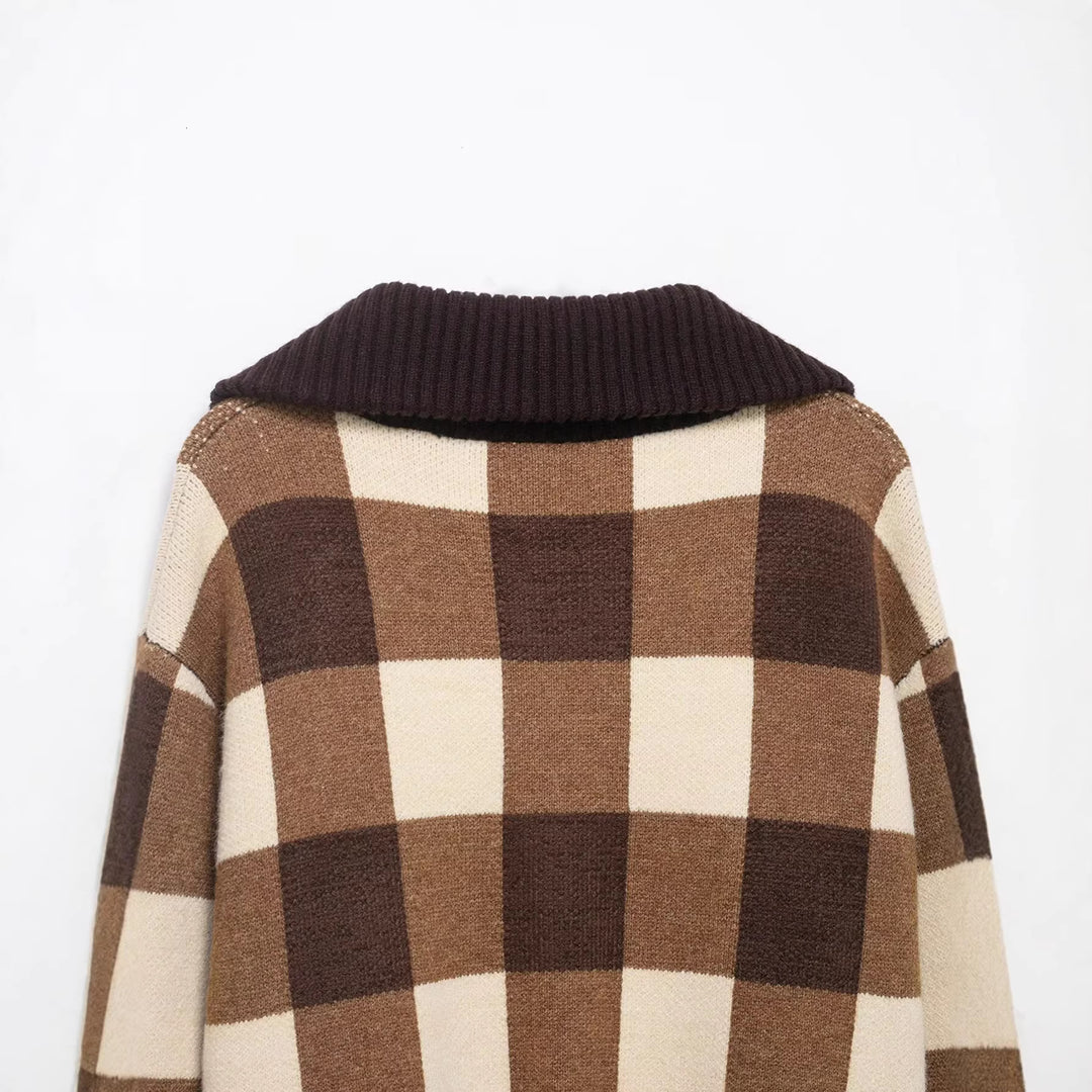 Damen Kariertes Strick-Cropped-Cardigan mit Reißverschluss und breitem Rippenkragen Nord Taschen