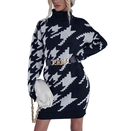 Damen Strick-Minikleid mit Hahnentritt-Jacquard, Rollkragen und taillenbetonter Gürteloptik Nord Taschen