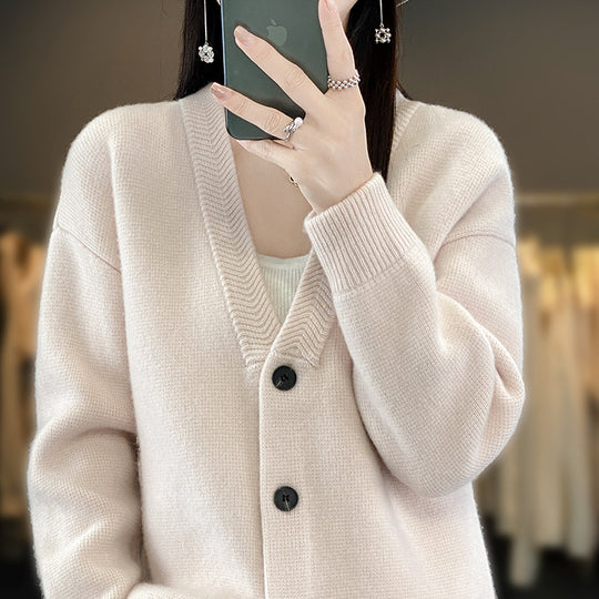 Damen Weicher Boxy-Longcardigan mit tiefem V-Ausschnitt und feiner Rippkante Nord Taschen