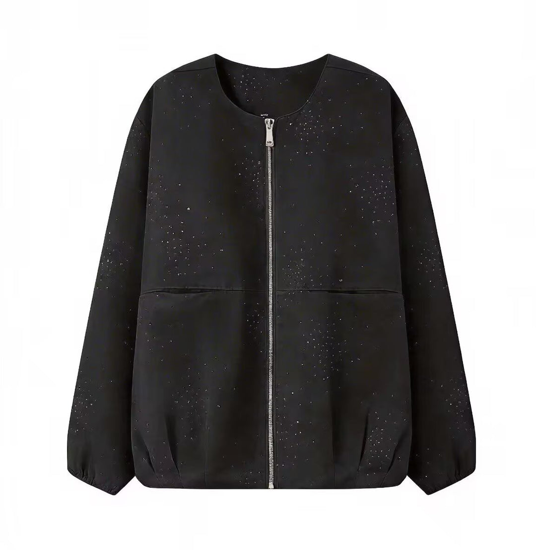 Damen Boxy‑Blouson mit Rundhals, Metallreißverschluss und dezentem Glitzerbesatz Nord Taschen