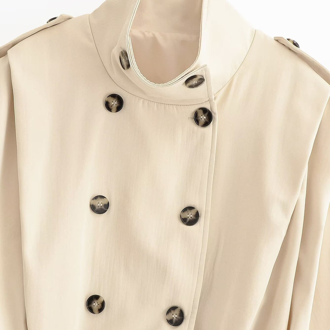 Damen Cropped Doppelreihige Trenchjacke mit Stehkragen, Schulterriegeln und elastischem Saum Nord Taschen
