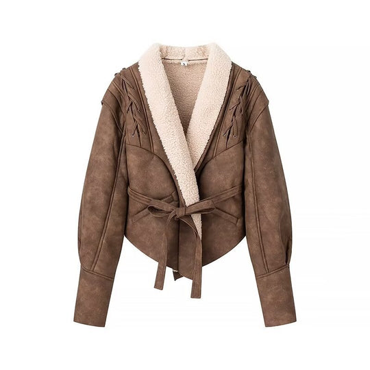 Damen Kurzjacke im Aviator‑Look mit Sherpa‑Futter, Bindegürtel und Schulter‑Schnürung Nord Taschen