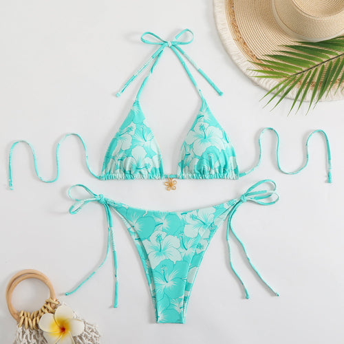 Damen Triangel-Bikini-Set mit floralem Design und verspielten BindNord Taschenändern
