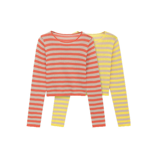 Damen Gestreifter Cropped-Feinstrickpullover mit U-Boot-Ausschnitt Nord Taschen