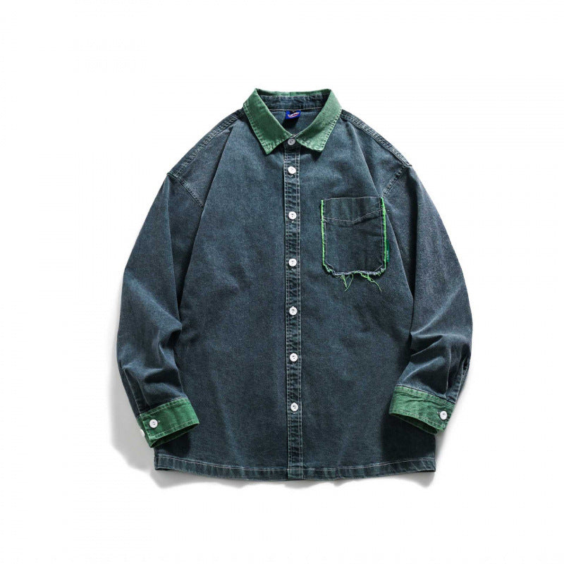 Herren Oversize Denim‑Hemdjacke mit kontrastkragen, ausgefranster Brusttasche und legerer Boxy‑Silhouette Nord Taschen