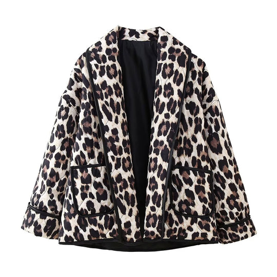 Damen Gefütterte Kimono-Jacke mit Leopardenmuster, Oversize-Schnitt und aufgesetzten Taschen Nord Taschen