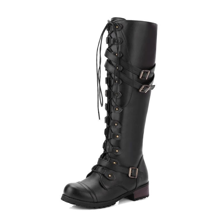 Damen Kniehohe Schnürstiefel im Vintage-Militärstil mit Doppelschnallen und robuster Profilsohle Nord Taschen